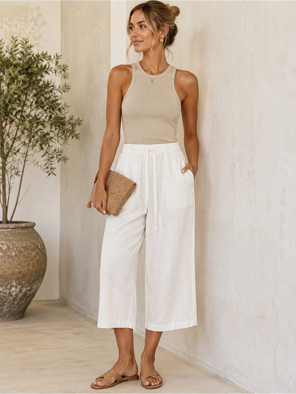 Neutral women’s casual Ribbed Tank & White Cropped Pants size 12 100% linen NWT